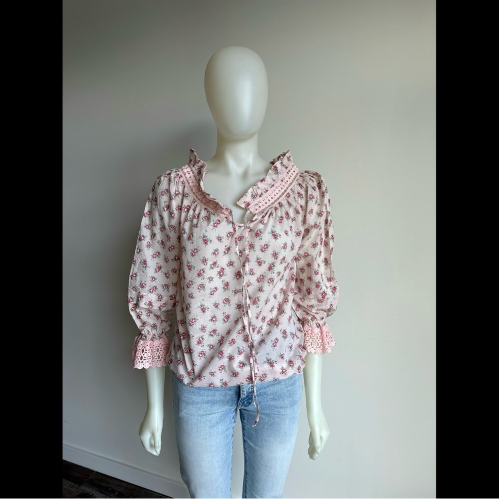 NWT ALBERTA FERETTI $498 Pink Cotton Rose Print Peasant Blouse Lace Italy D&G
